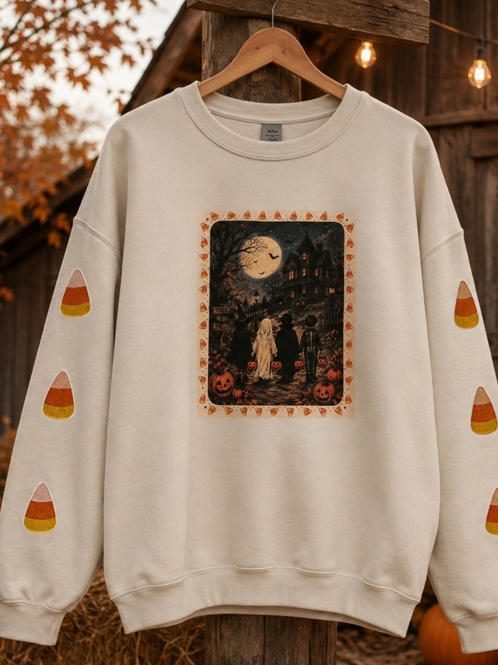 Gildan Cream Halloween Graphic Sweatshirt with Candy Corn Sleeves